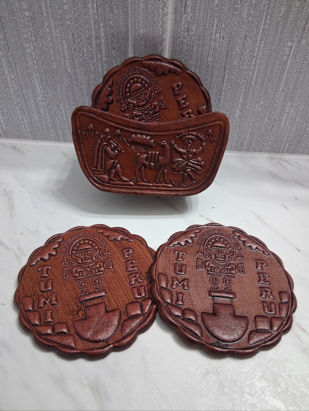 Vintage Hand-tooled Leather Coasters From Peru Artisan Handmade Set Of Six - Picture 2 of 10